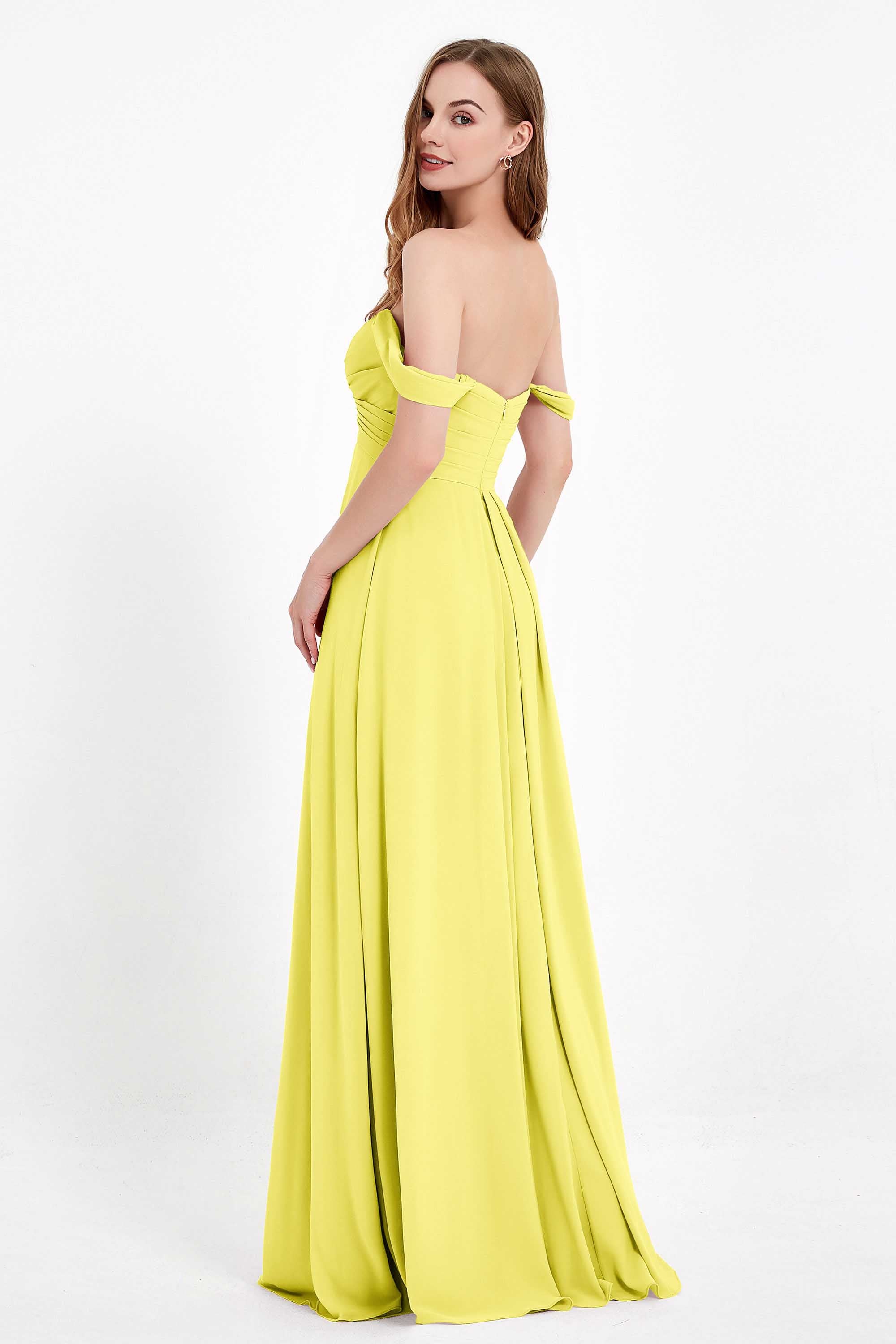Off the Shoulder Chiffon Empire Bridesmaid Dress Pleated Ruched Long Formal Evening Gowns