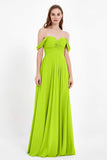 Off the Shoulder Chiffon Empire Bridesmaid Dress Pleated Ruched Long Formal Evening Gowns