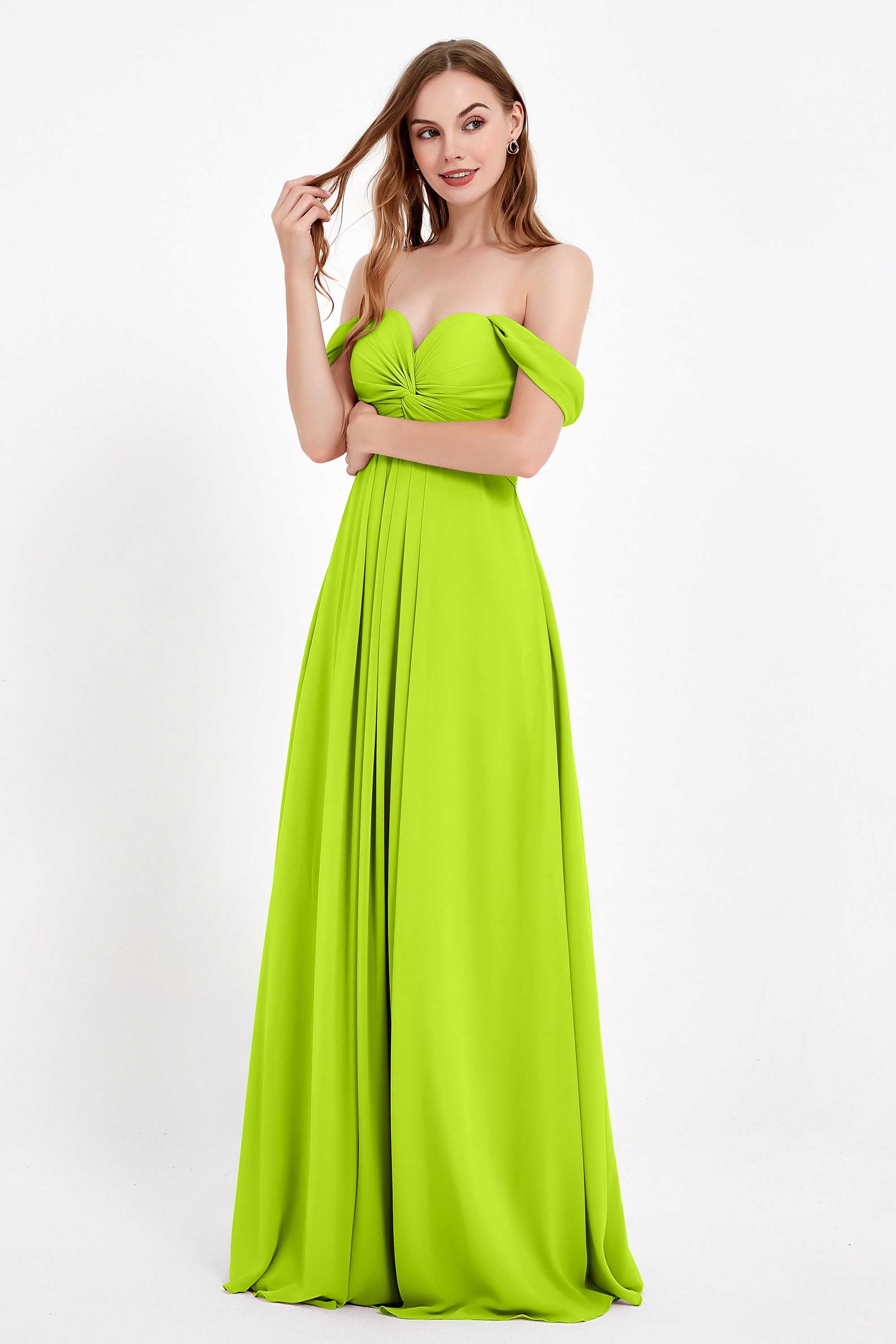 Off the Shoulder Chiffon Empire Bridesmaid Dress Pleated Ruched Long Formal Evening Gowns