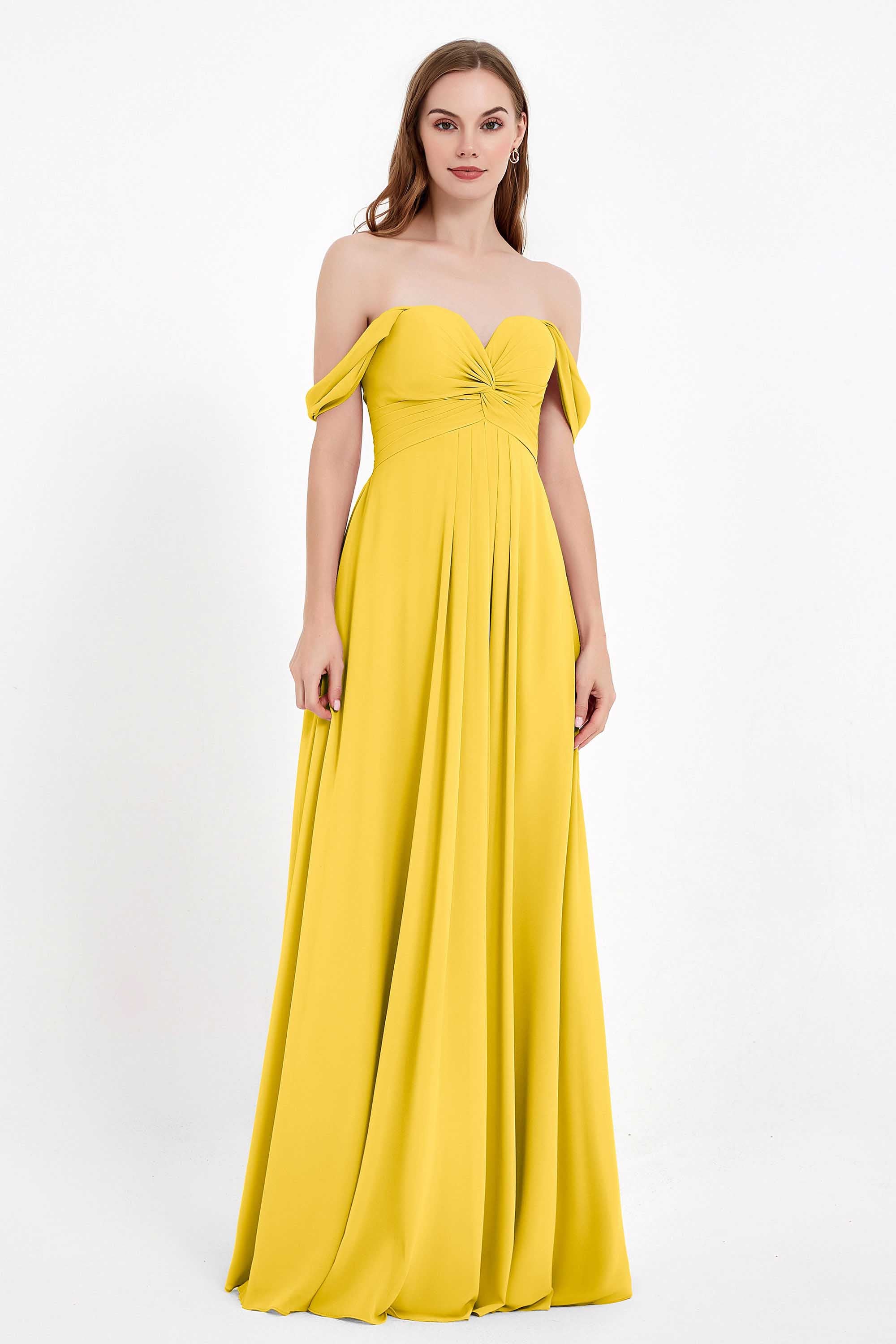 Off the Shoulder Chiffon Empire Bridesmaid Dress Pleated Ruched Long Formal Evening Gowns