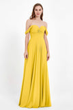 Off the Shoulder Chiffon Empire Bridesmaid Dress Pleated Ruched Long Formal Evening Gowns
