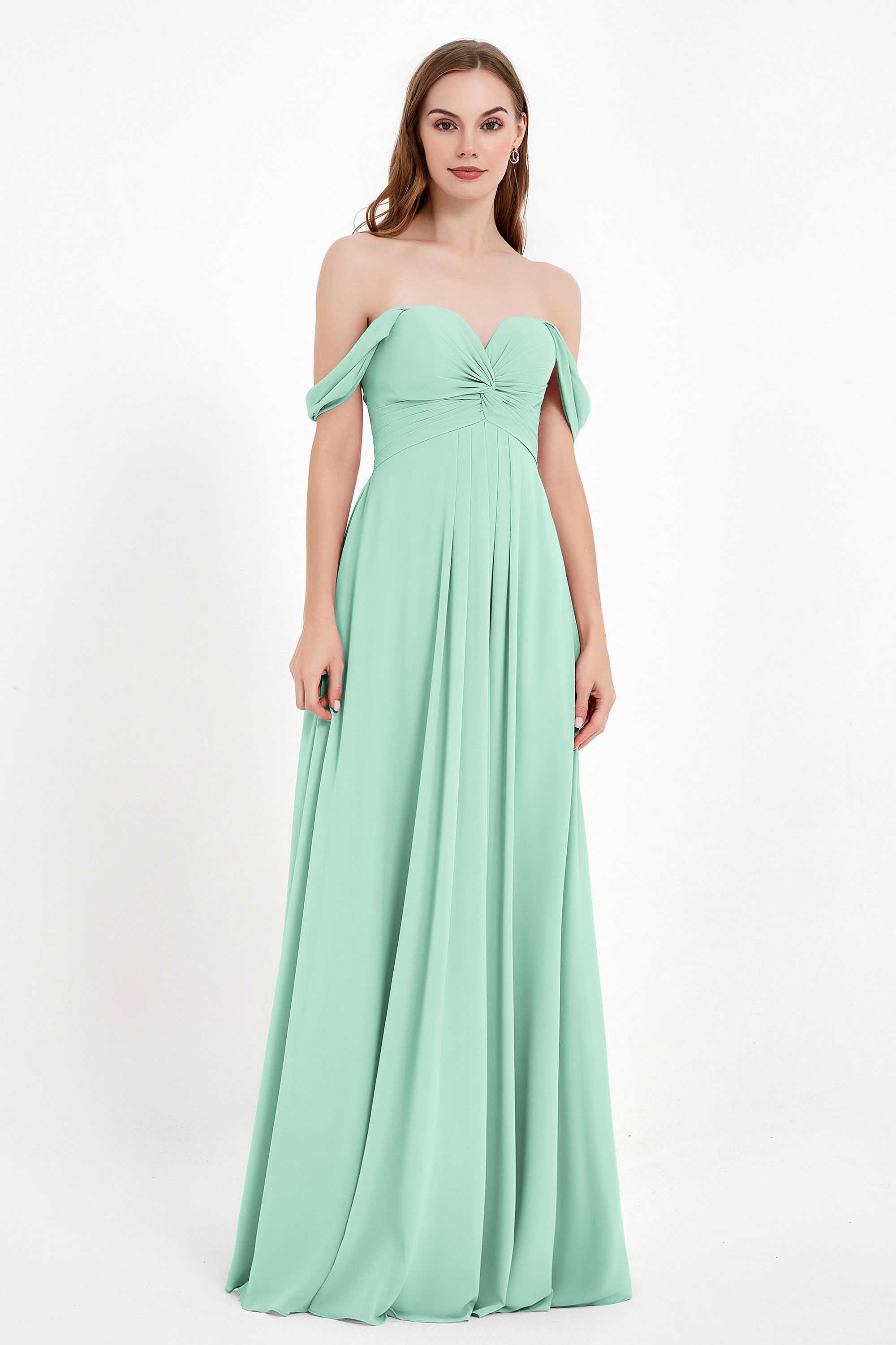 Off the Shoulder Chiffon Empire Bridesmaid Dress Pleated Ruched Long Formal Evening Gowns