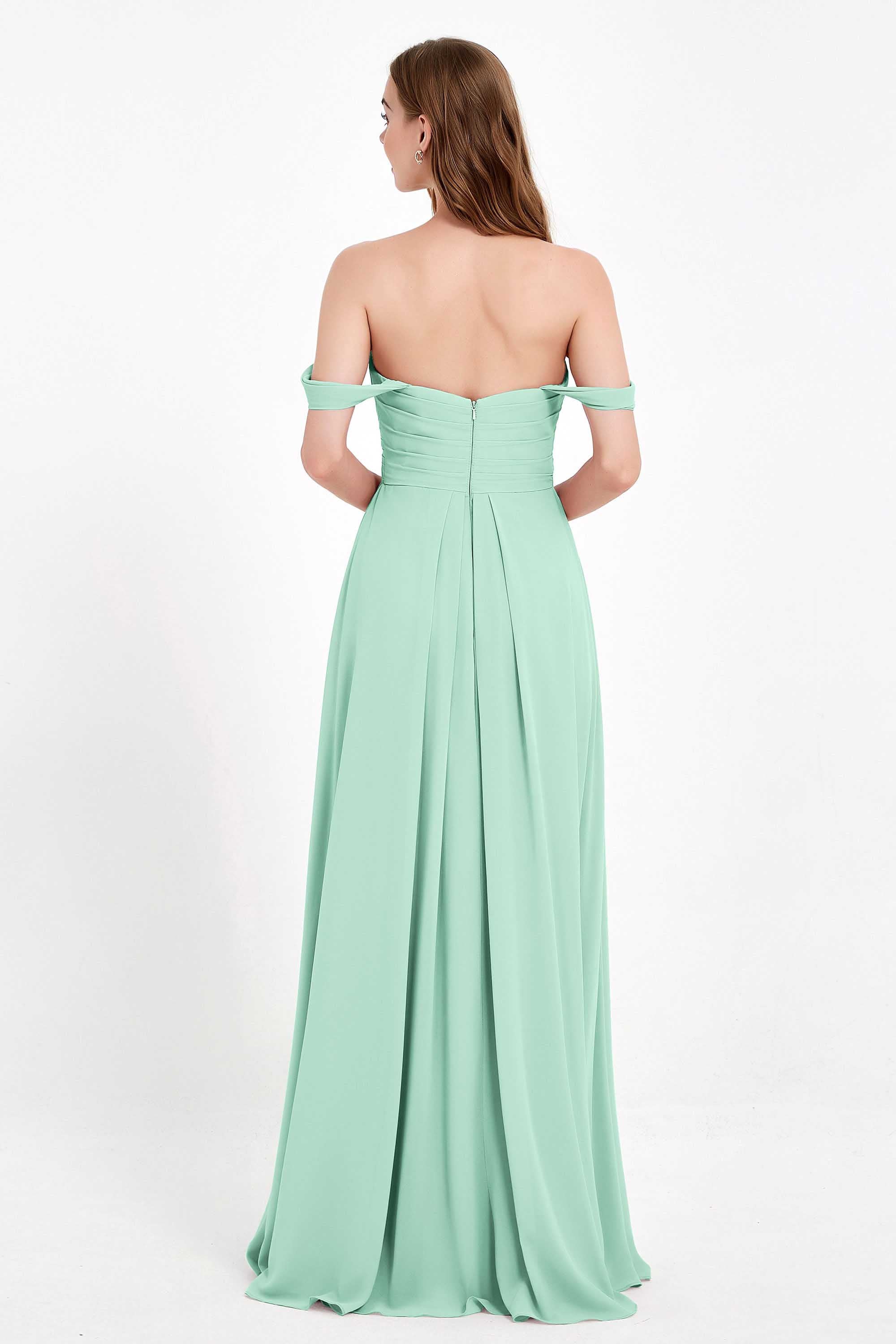 Off the Shoulder Chiffon Empire Bridesmaid Dress Pleated Ruched Long Formal Evening Gowns