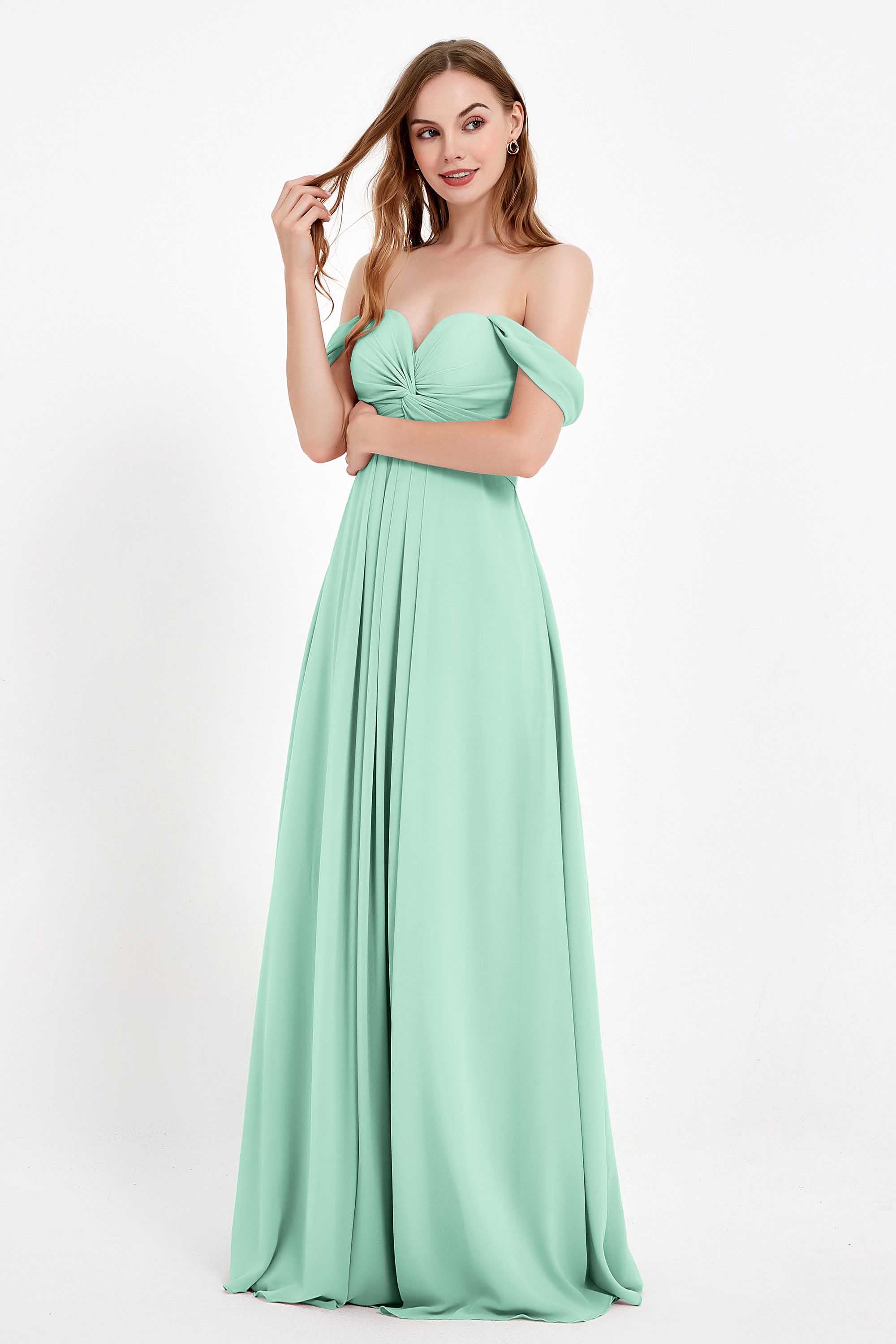 Off the Shoulder Chiffon Empire Bridesmaid Dress Pleated Ruched Long Formal Evening Gowns