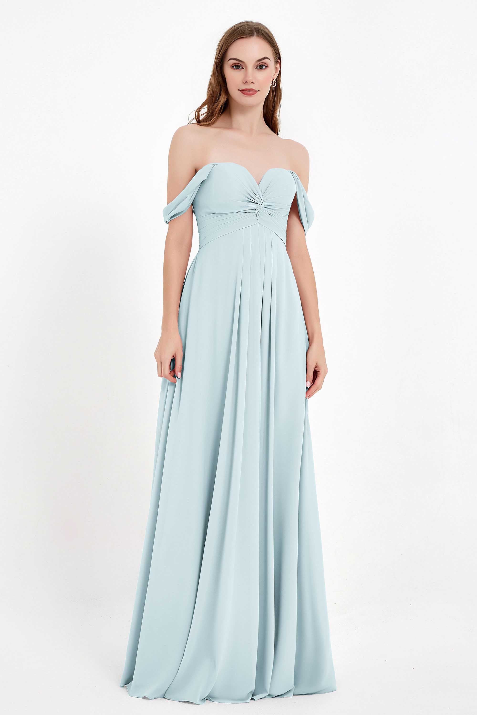 Off the Shoulder Chiffon Empire Bridesmaid Dress Pleated Ruched Long Formal Evening Gowns