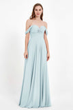 Off the Shoulder Chiffon Empire Bridesmaid Dress Pleated Ruched Long Formal Evening Gowns