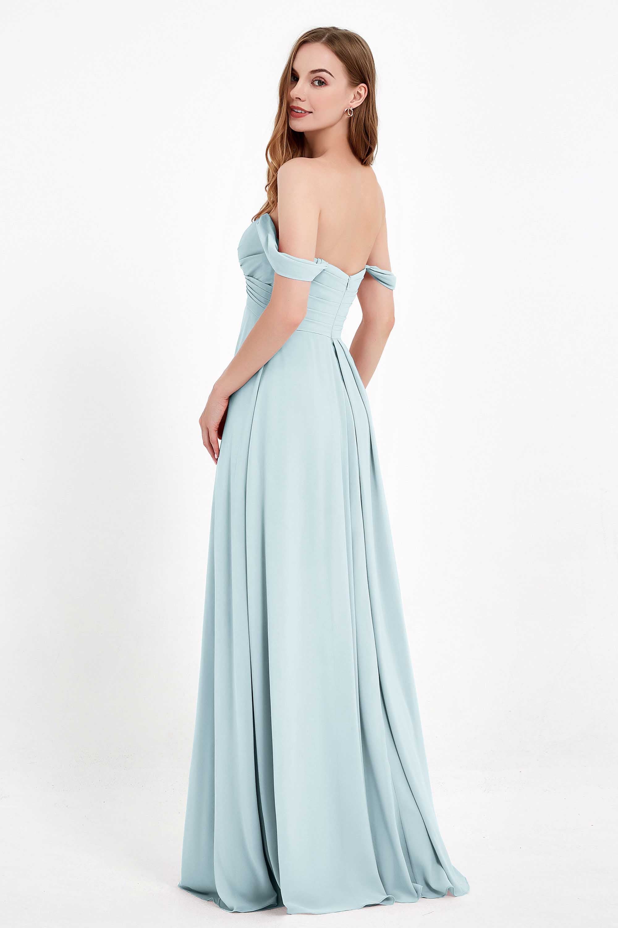 Off the Shoulder Chiffon Empire Bridesmaid Dress Pleated Ruched Long Formal Evening Gowns