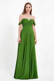 Off the Shoulder Chiffon Empire Bridesmaid Dress Pleated Ruched Long Formal Evening Gowns