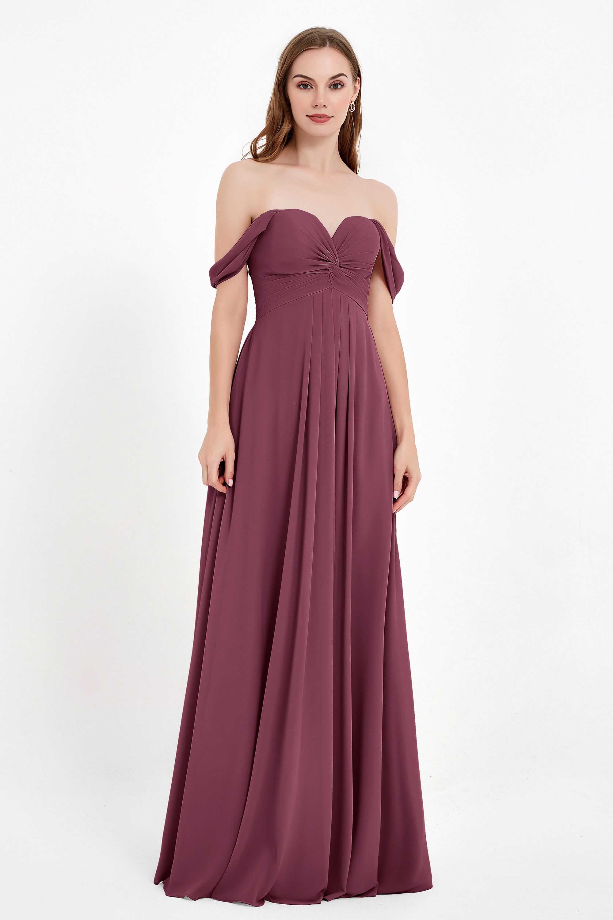 Off the Shoulder Chiffon Empire Bridesmaid Dress Pleated Ruched Long Formal Evening Gowns