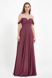 Off the Shoulder Chiffon Empire Bridesmaid Dress Pleated Ruched Long Formal Evening Gowns