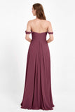 Off the Shoulder Chiffon Empire Bridesmaid Dress Pleated Ruched Long Formal Evening Gowns