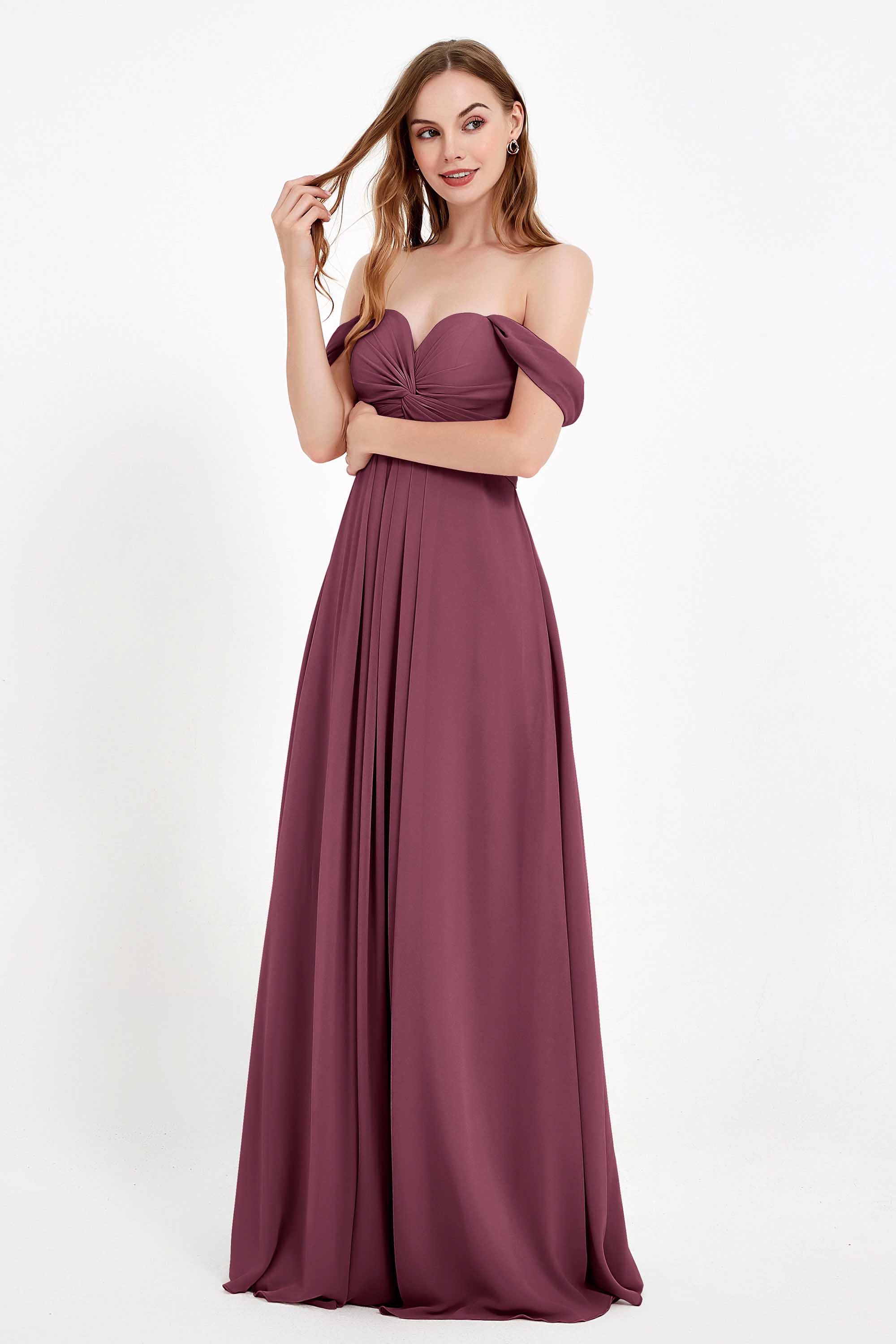 Off the Shoulder Chiffon Empire Bridesmaid Dress Pleated Ruched Long Formal Evening Gowns