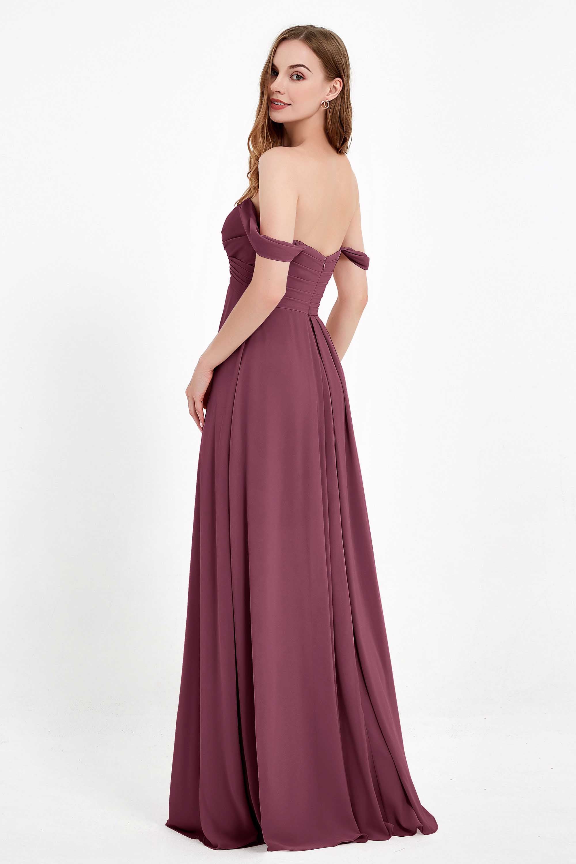 Off the Shoulder Chiffon Empire Bridesmaid Dress Pleated Ruched Long Formal Evening Gowns