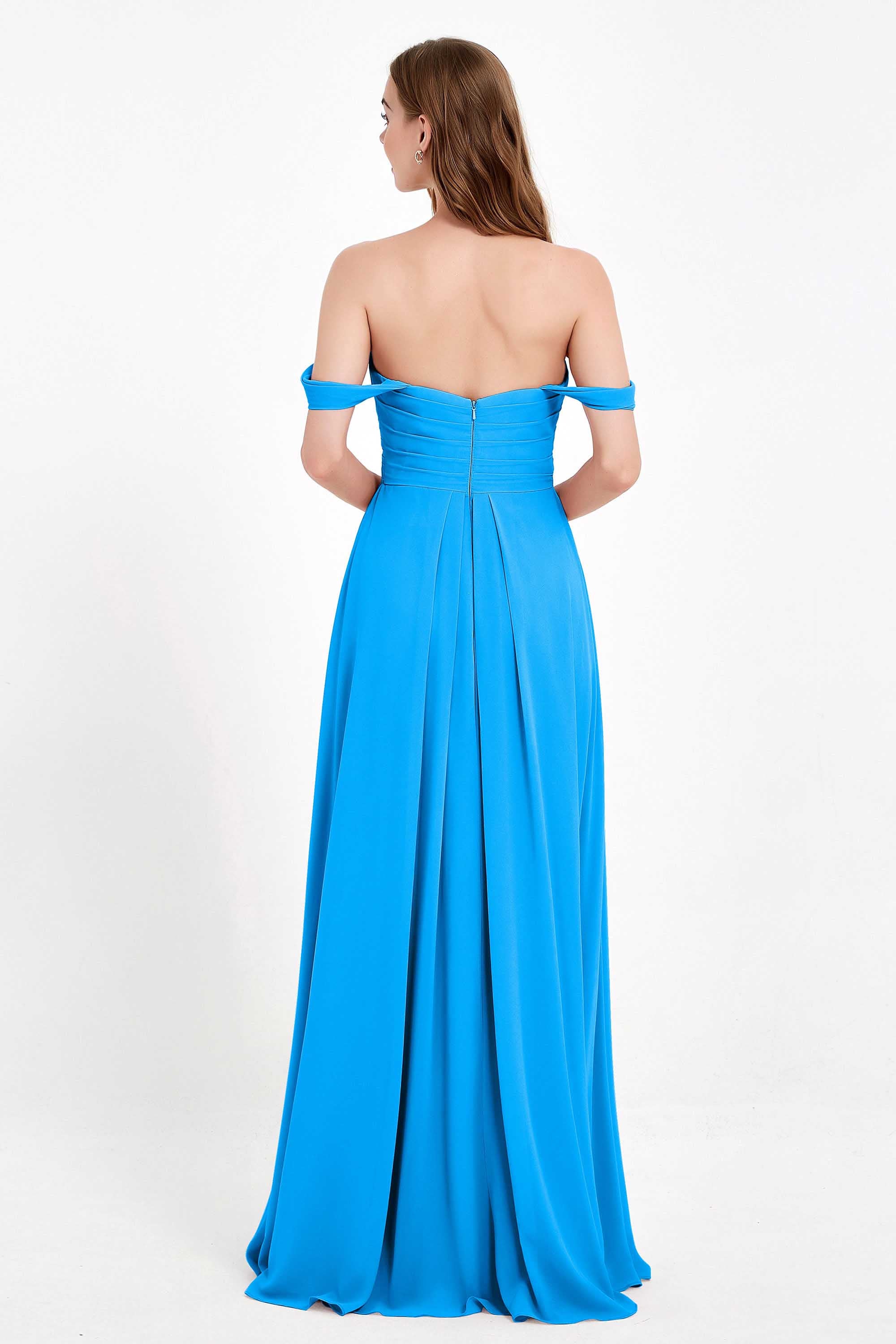 Off the Shoulder Chiffon Empire Bridesmaid Dress Pleated Ruched Long Formal Evening Gowns