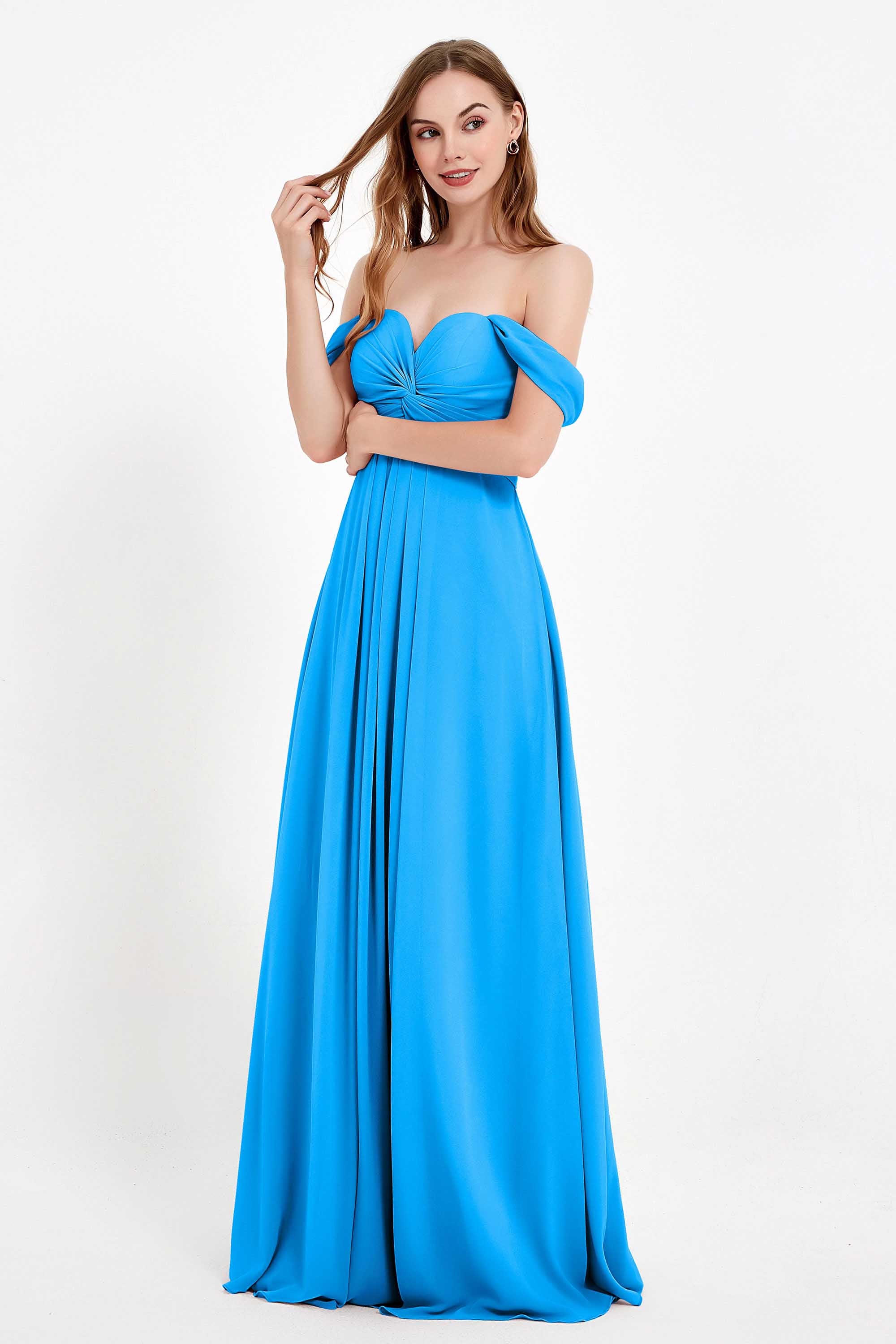 Off the Shoulder Chiffon Empire Bridesmaid Dress Pleated Ruched Long Formal Evening Gowns