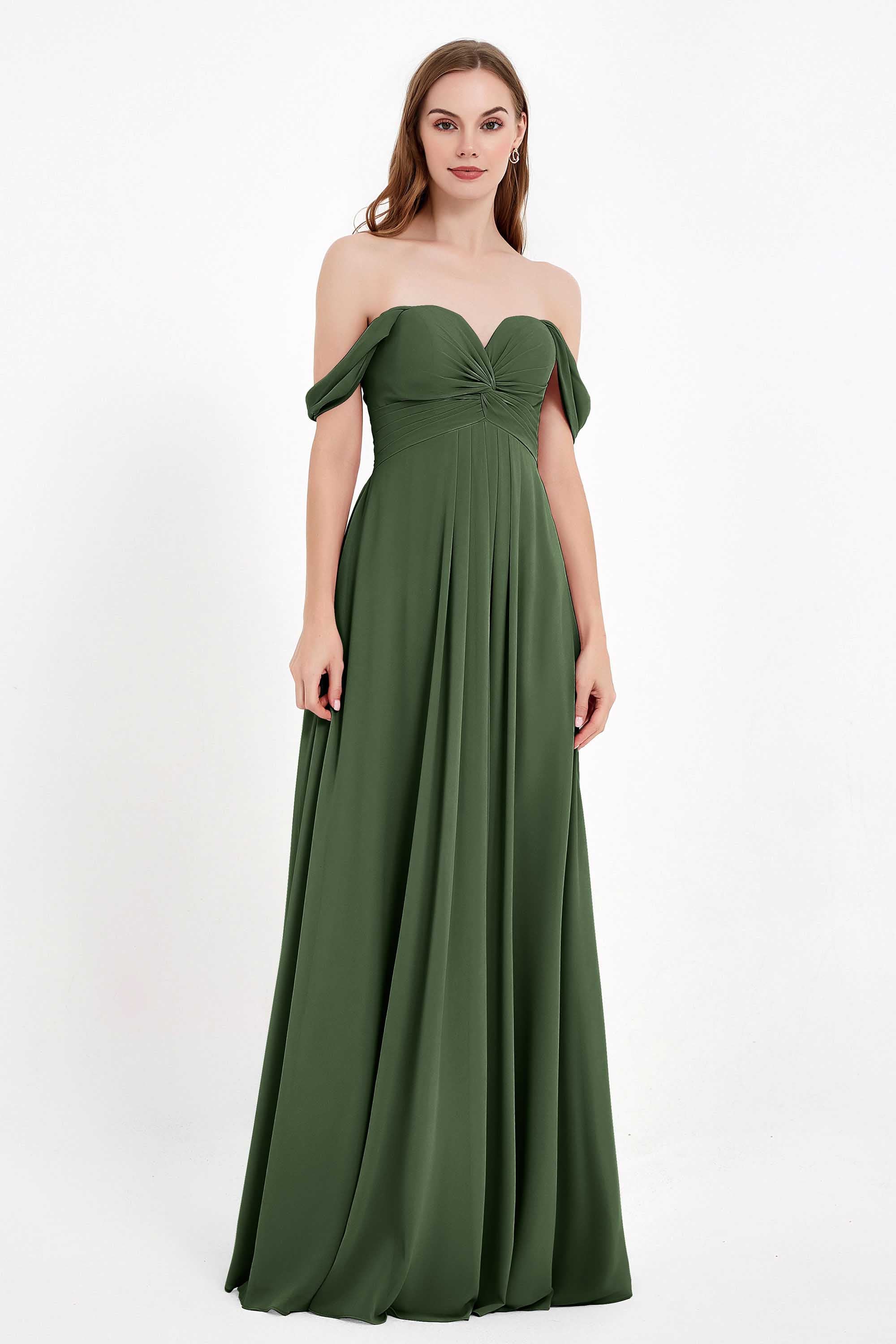 Off the Shoulder Chiffon Empire Bridesmaid Dress Pleated Ruched Long Formal Evening Gowns