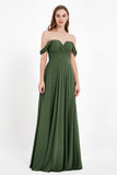 Off the Shoulder Chiffon Empire Bridesmaid Dress Pleated Ruched Long Formal Evening Gowns