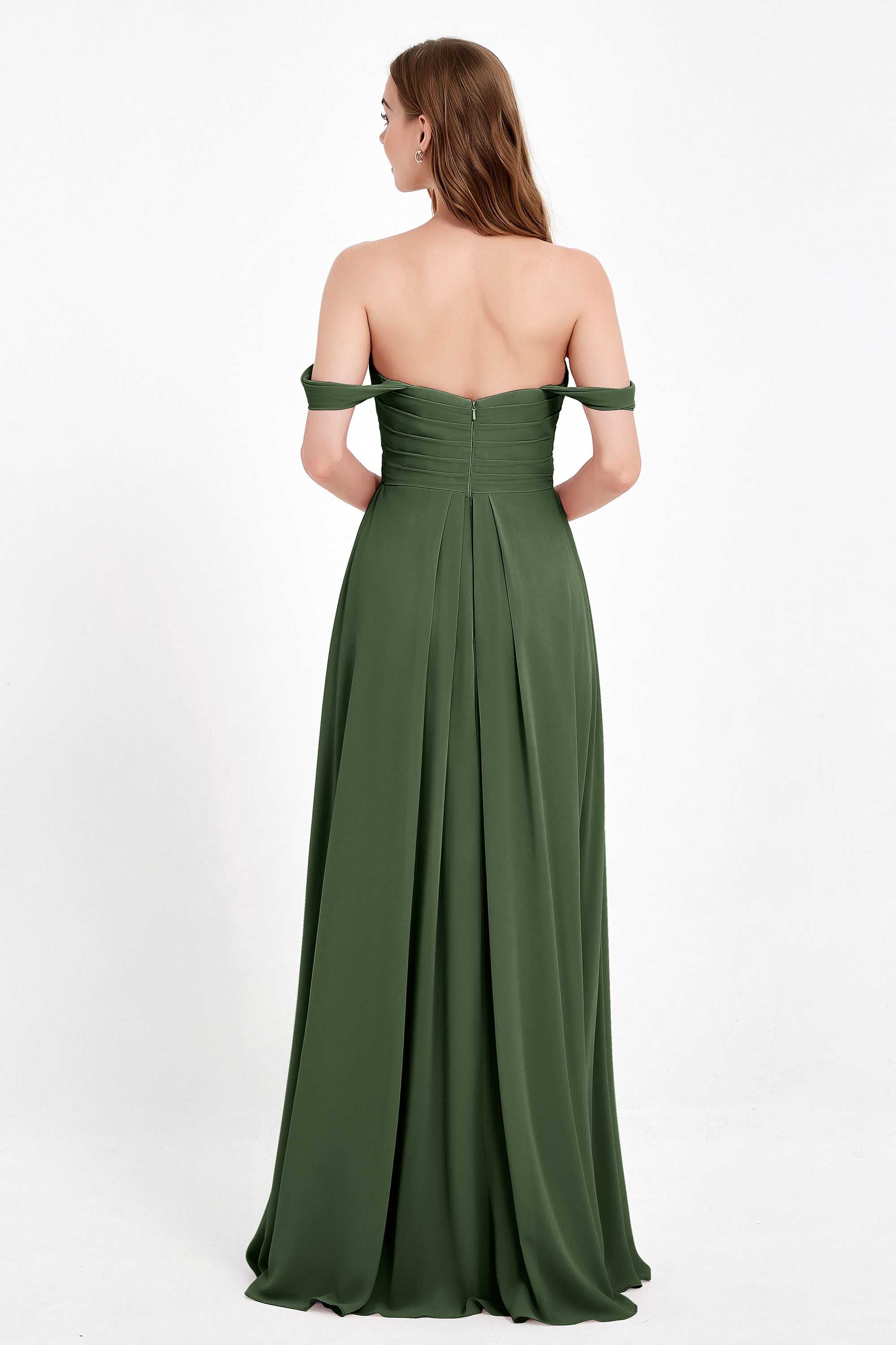 Off the Shoulder Chiffon Empire Bridesmaid Dress Pleated Ruched Long Formal Evening Gowns