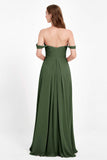 Off the Shoulder Chiffon Empire Bridesmaid Dress Pleated Ruched Long Formal Evening Gowns