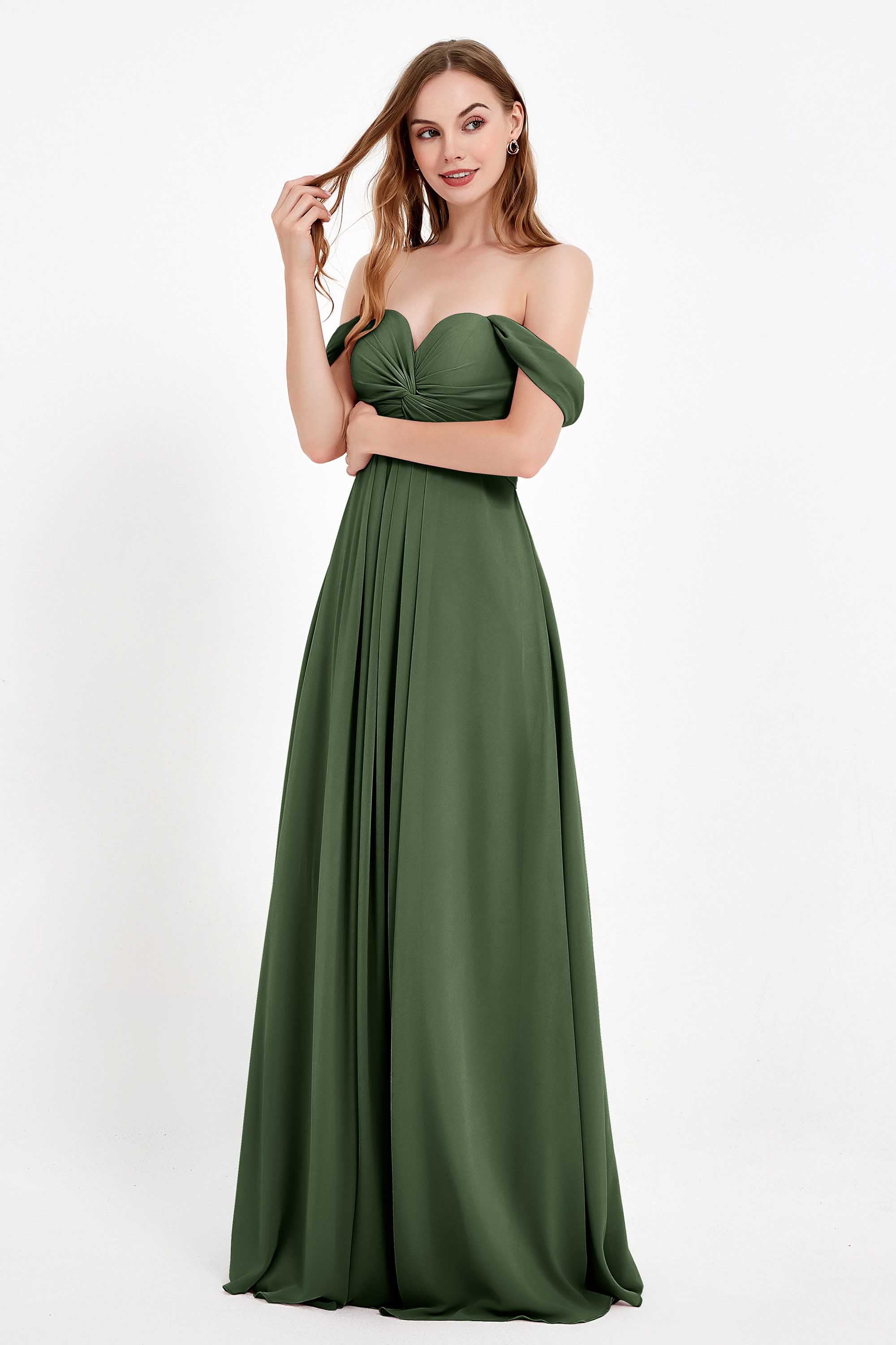 Off the Shoulder Chiffon Empire Bridesmaid Dress Pleated Ruched Long Formal Evening Gowns