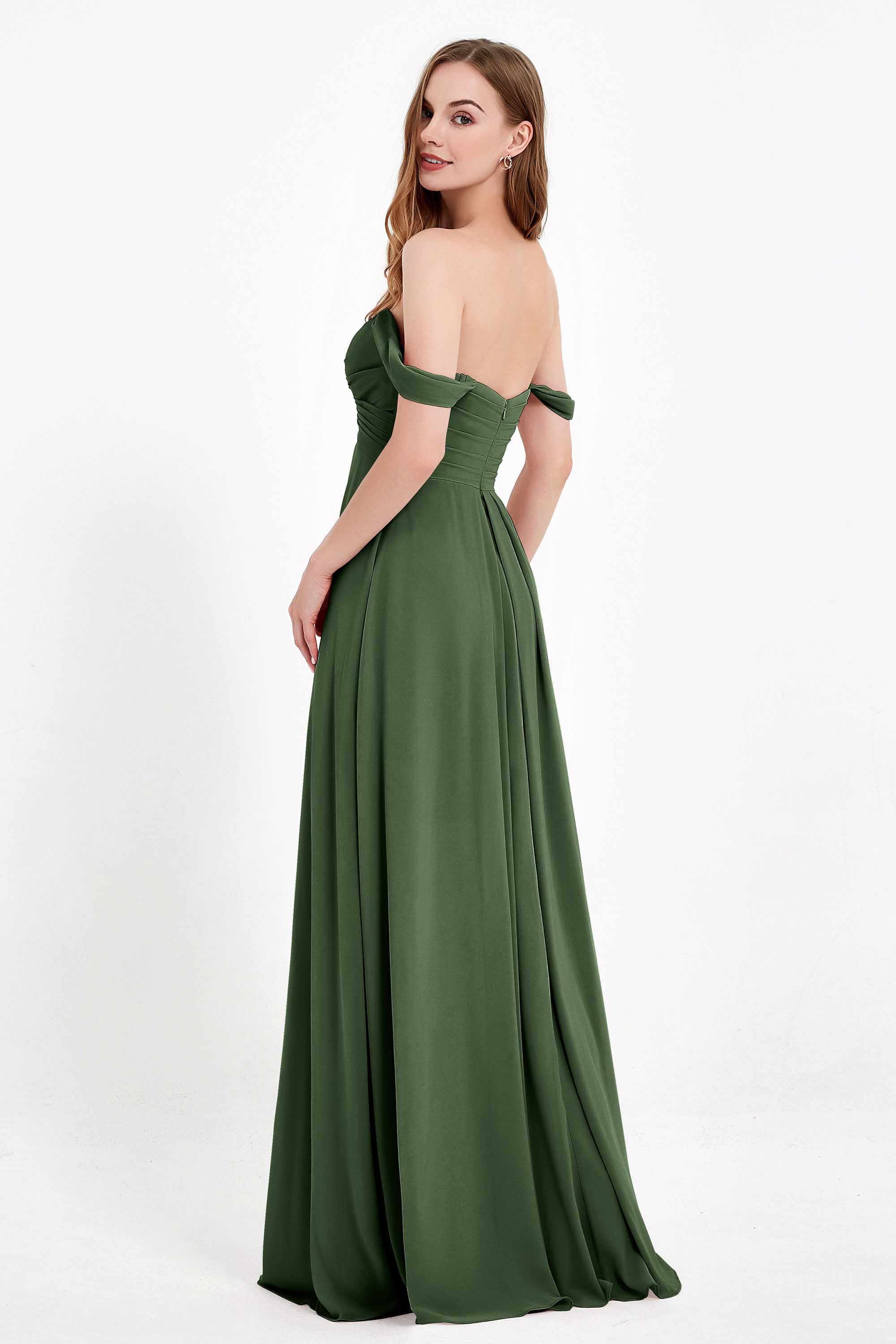 Off the Shoulder Chiffon Empire Bridesmaid Dress Pleated Ruched Long Formal Evening Gowns