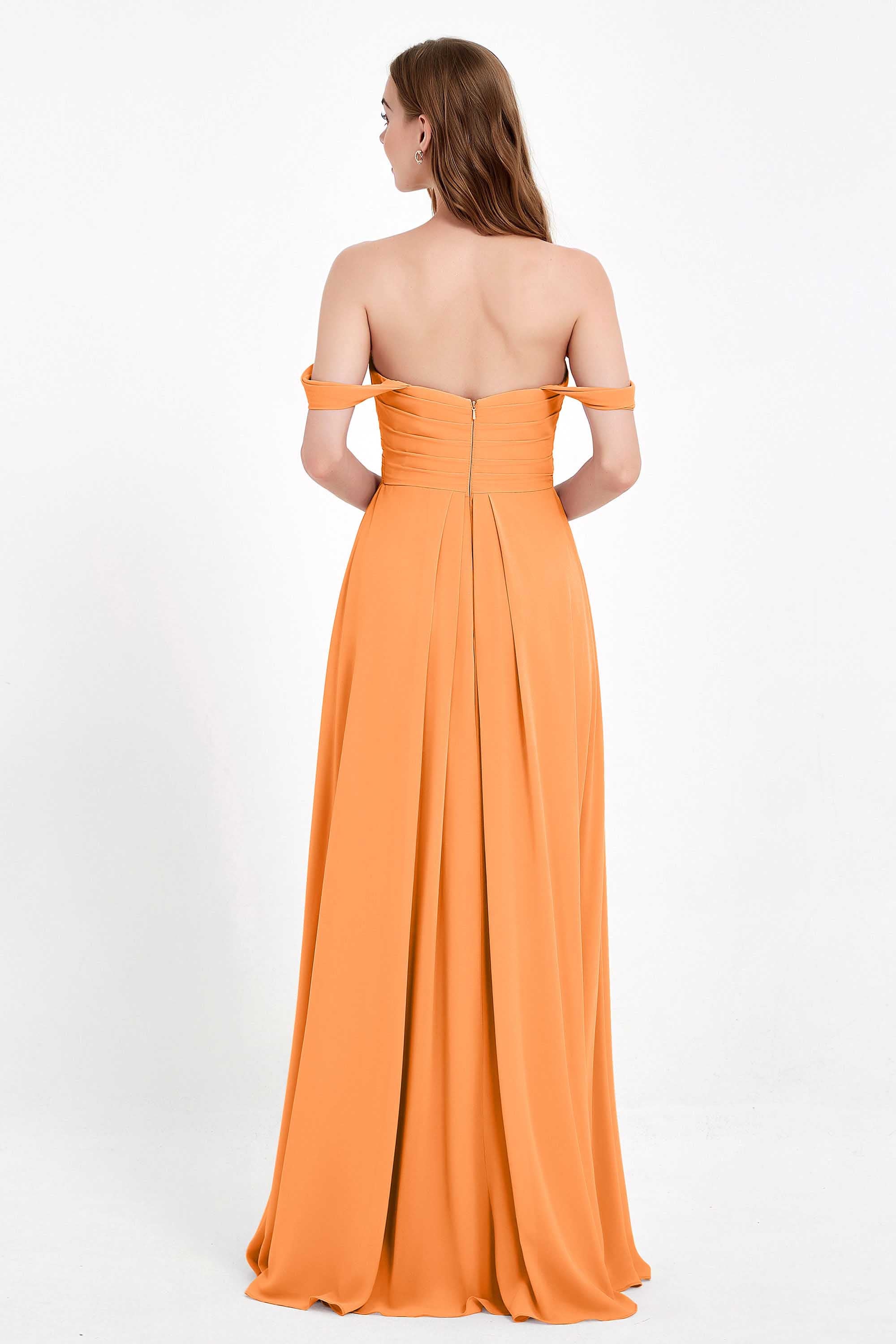 Off the Shoulder Chiffon Empire Bridesmaid Dress Pleated Ruched Long Formal Evening Gowns