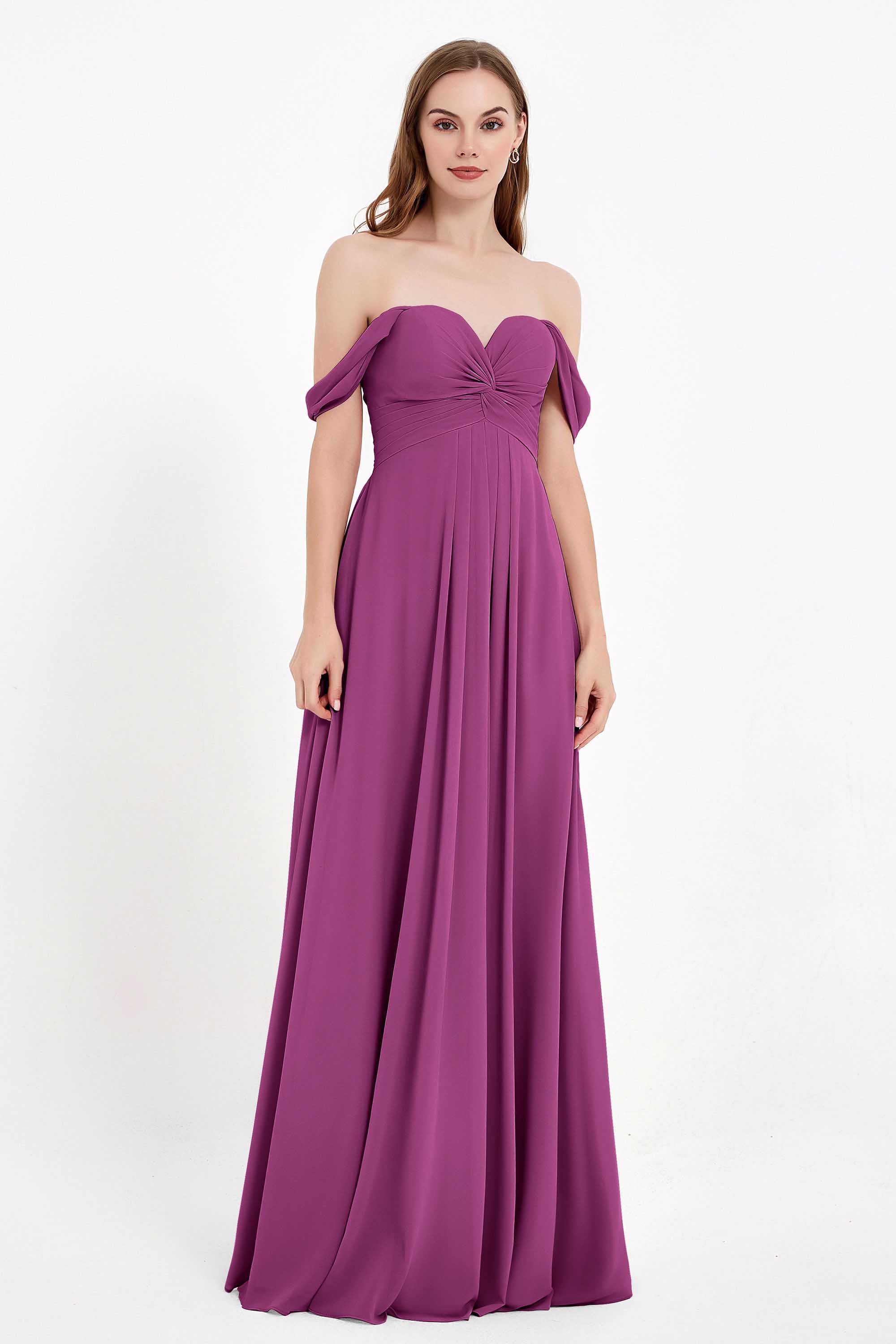Off the Shoulder Chiffon Empire Bridesmaid Dress Pleated Ruched Long Formal Evening Gowns