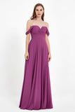 Off the Shoulder Chiffon Empire Bridesmaid Dress Pleated Ruched Long Formal Evening Gowns