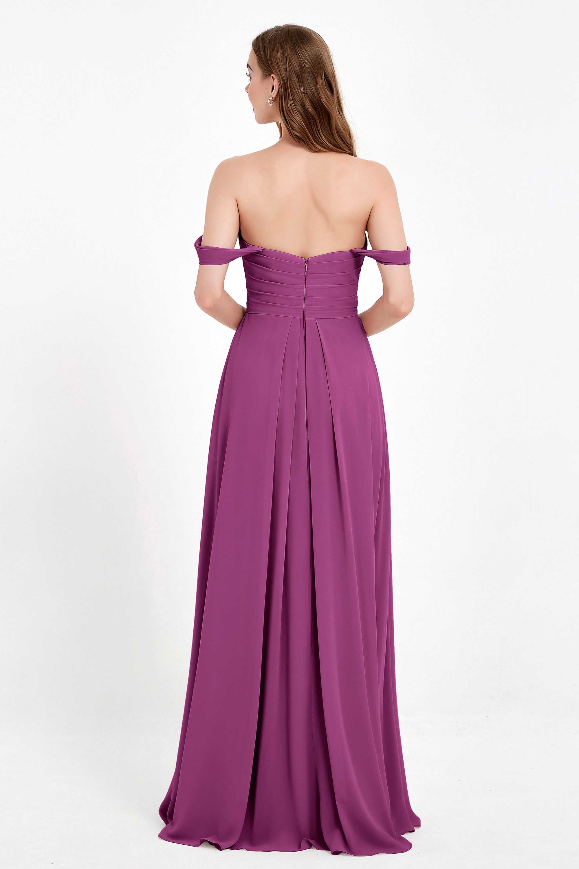 Off the Shoulder Chiffon Empire Bridesmaid Dress Pleated Ruched Long Formal Evening Gowns