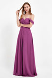 Off the Shoulder Chiffon Empire Bridesmaid Dress Pleated Ruched Long Formal Evening Gowns