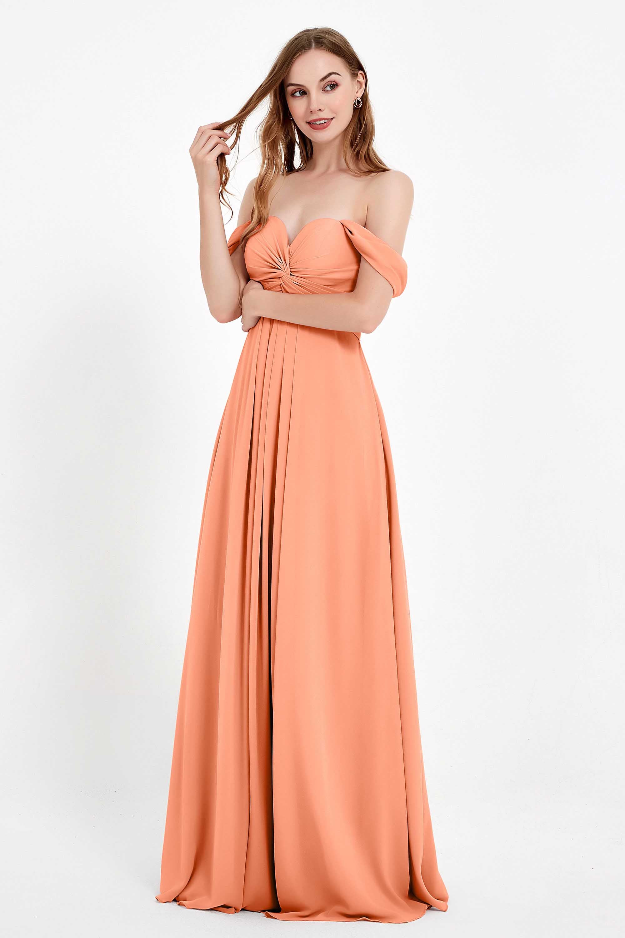 Off the Shoulder Chiffon Empire Bridesmaid Dress Pleated Ruched Long Formal Evening Gowns