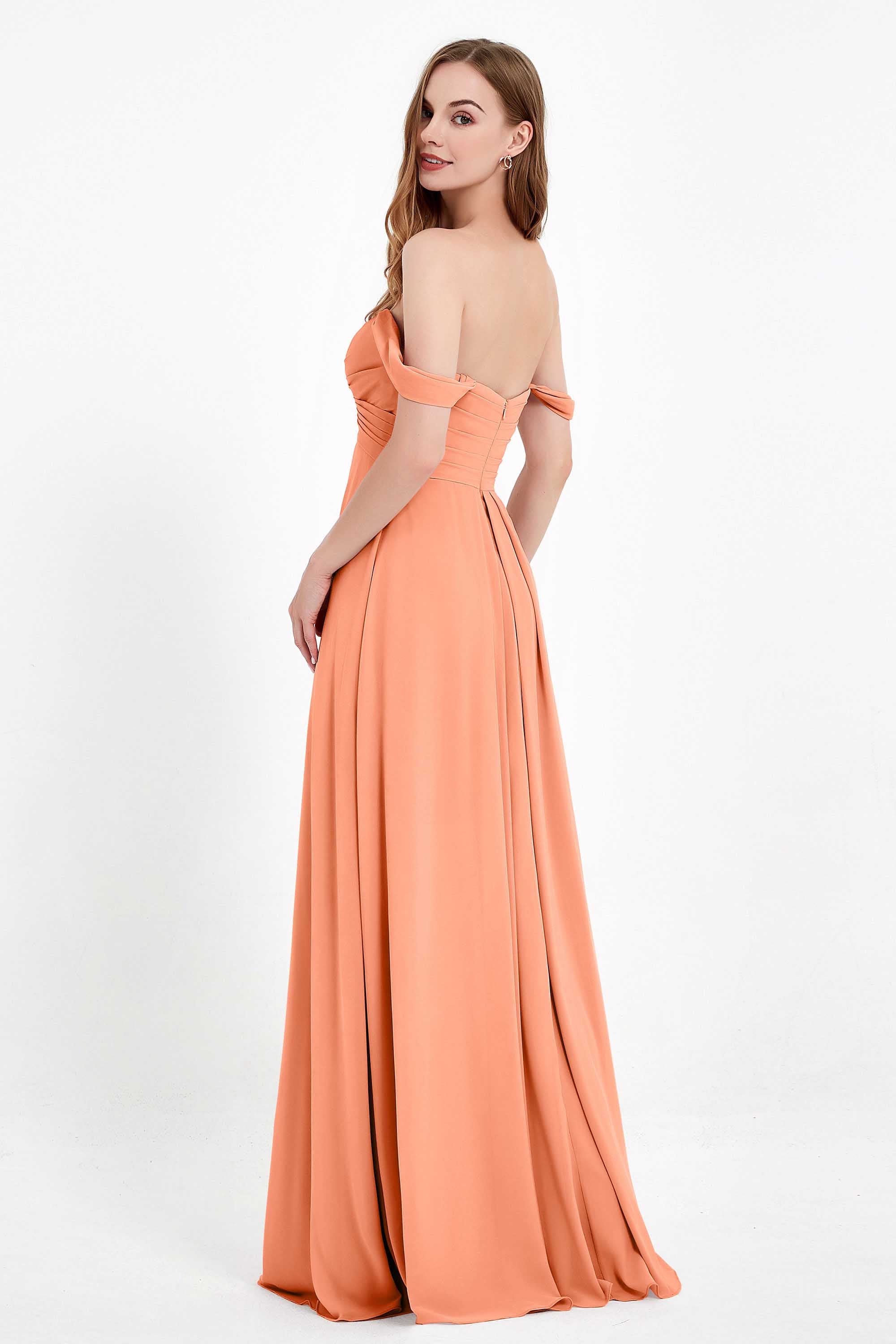 Off the Shoulder Chiffon Empire Bridesmaid Dress Pleated Ruched Long Formal Evening Gowns