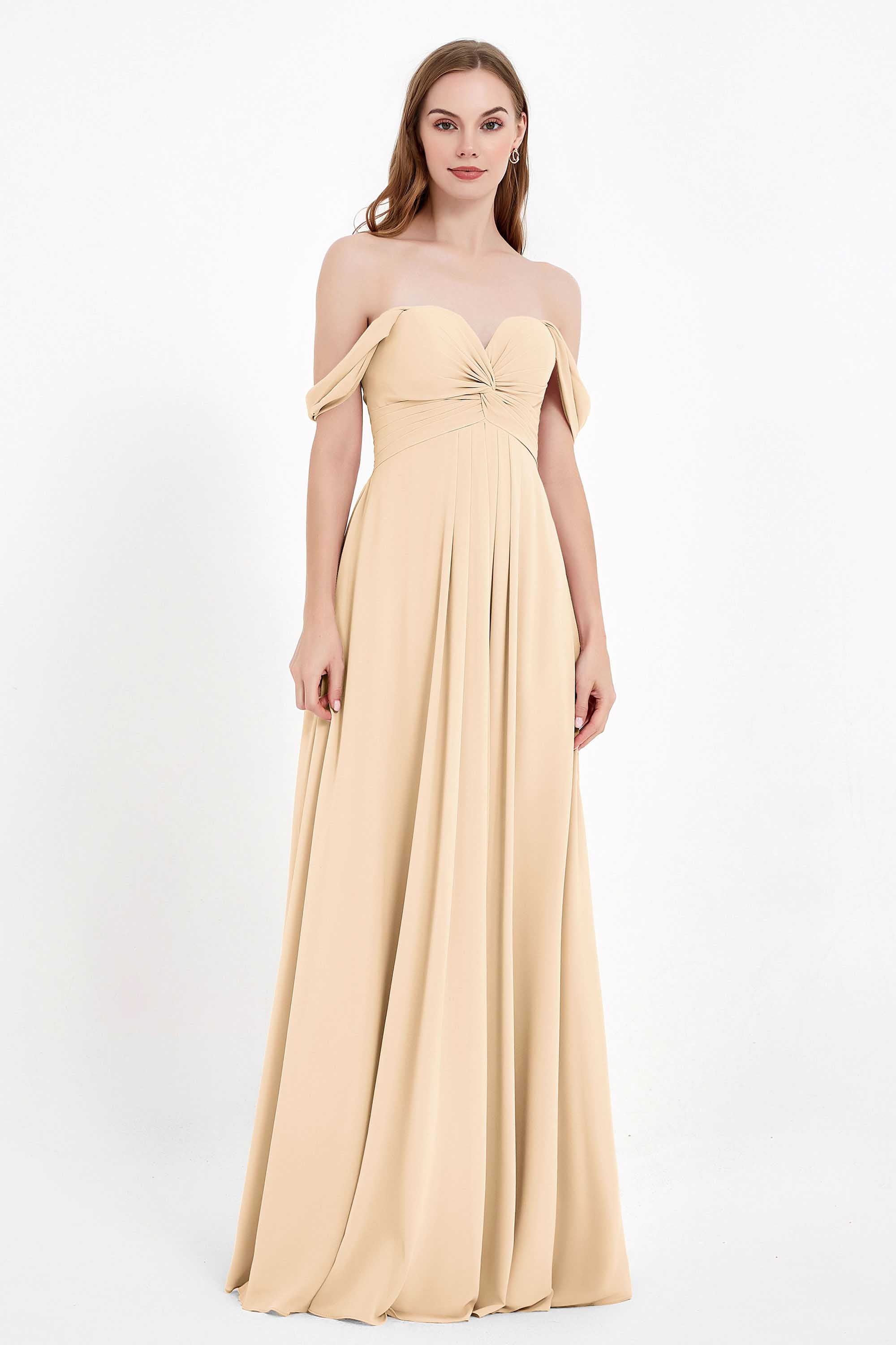 Off the Shoulder Chiffon Empire Bridesmaid Dress Pleated Ruched Long Formal Evening Gowns