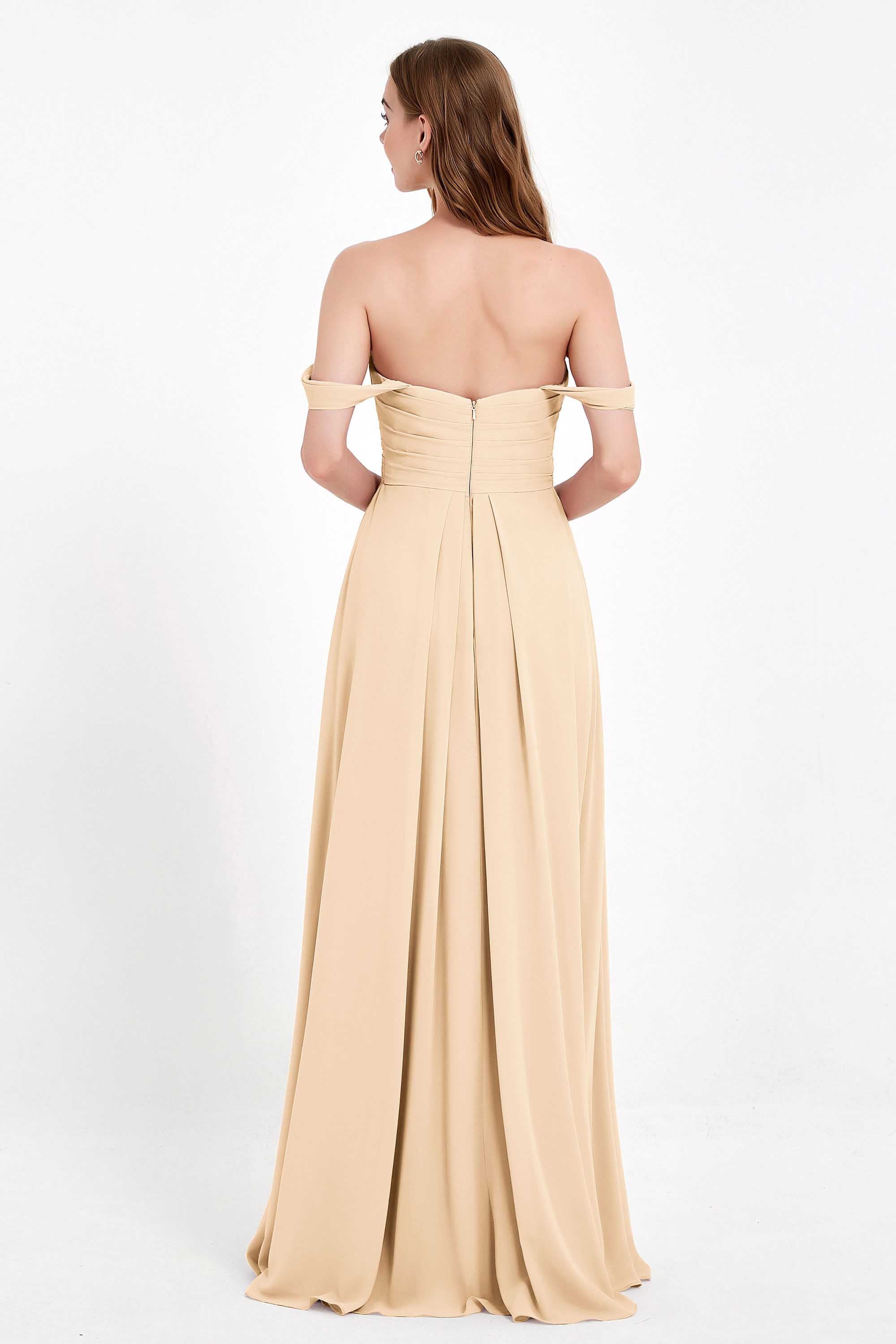 Off the Shoulder Chiffon Empire Bridesmaid Dress Pleated Ruched Long Formal Evening Gowns