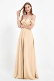 Off the Shoulder Chiffon Empire Bridesmaid Dress Pleated Ruched Long Formal Evening Gowns