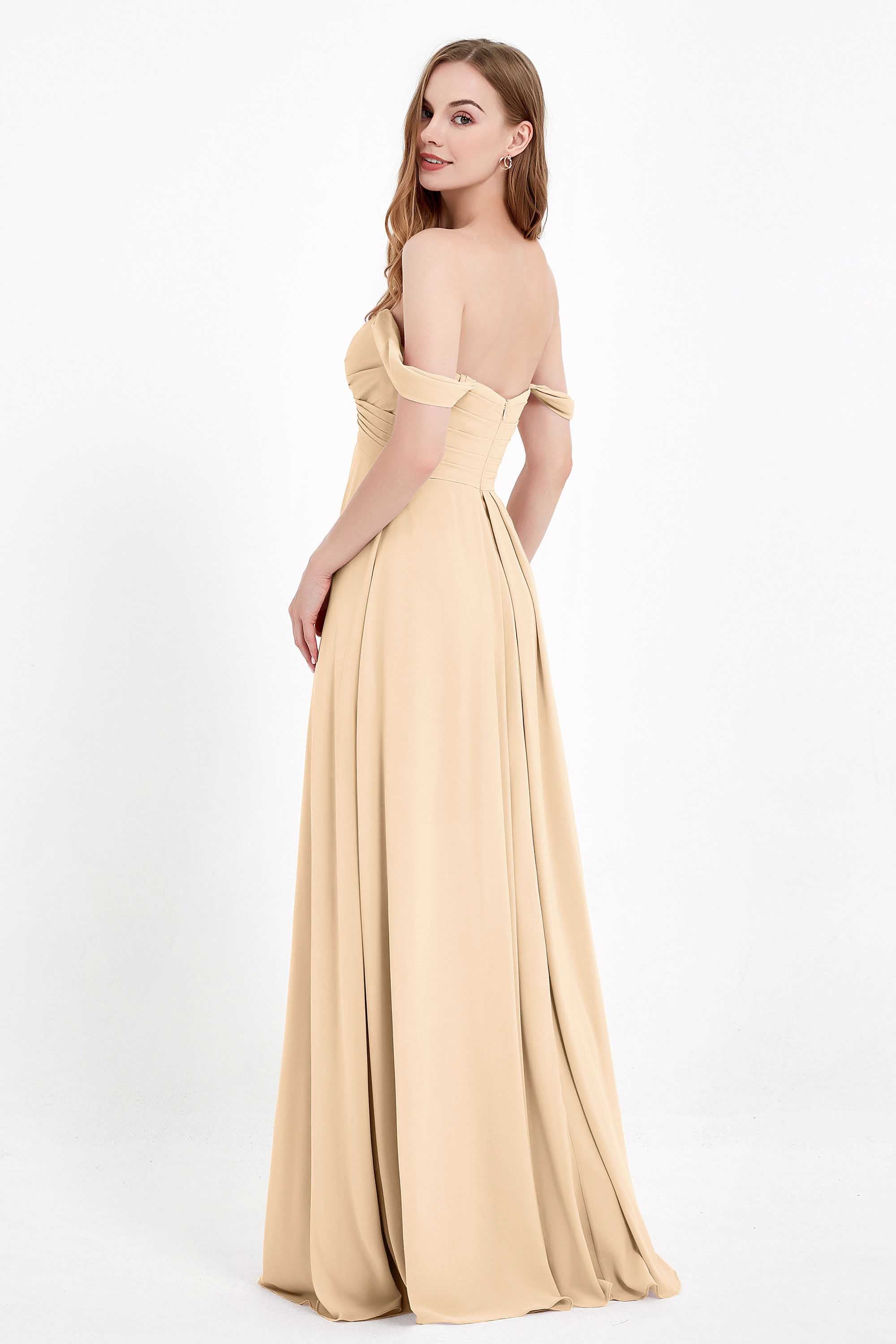 Off the Shoulder Chiffon Empire Bridesmaid Dress Pleated Ruched Long Formal Evening Gowns