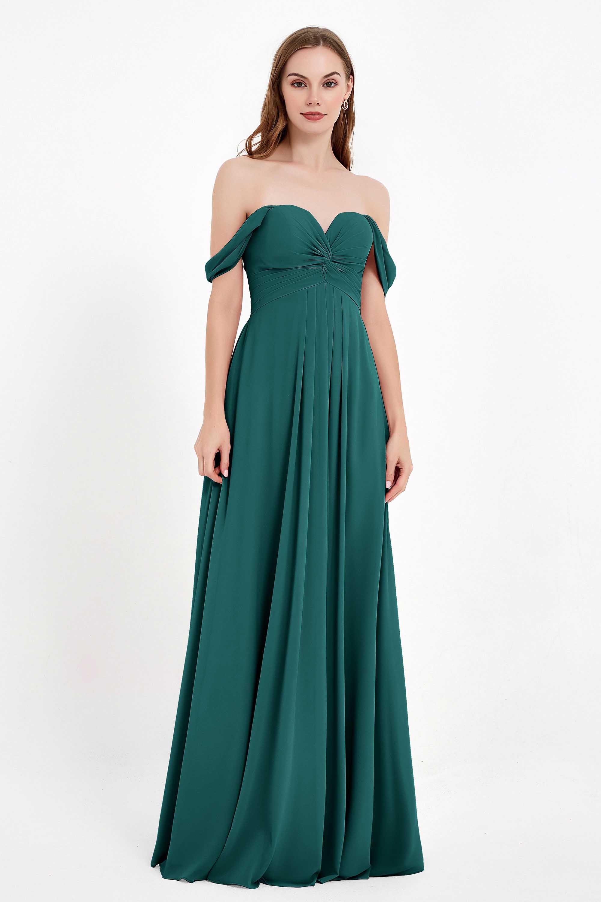 Off the Shoulder Chiffon Empire Bridesmaid Dress Pleated Ruched Long Formal Evening Gowns