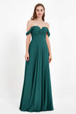 Off the Shoulder Chiffon Empire Bridesmaid Dress Pleated Ruched Long Formal Evening Gowns