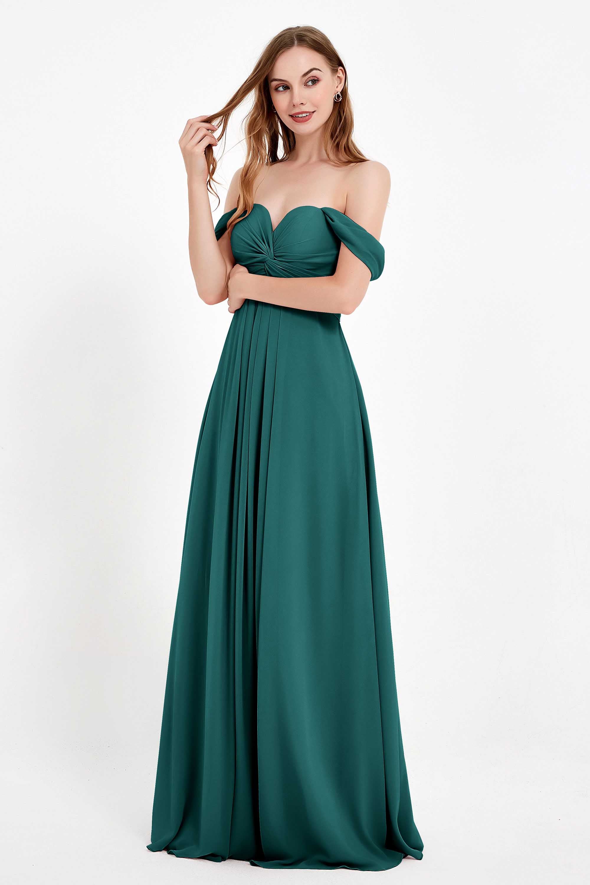 Off the Shoulder Chiffon Empire Bridesmaid Dress Pleated Ruched Long Formal Evening Gowns