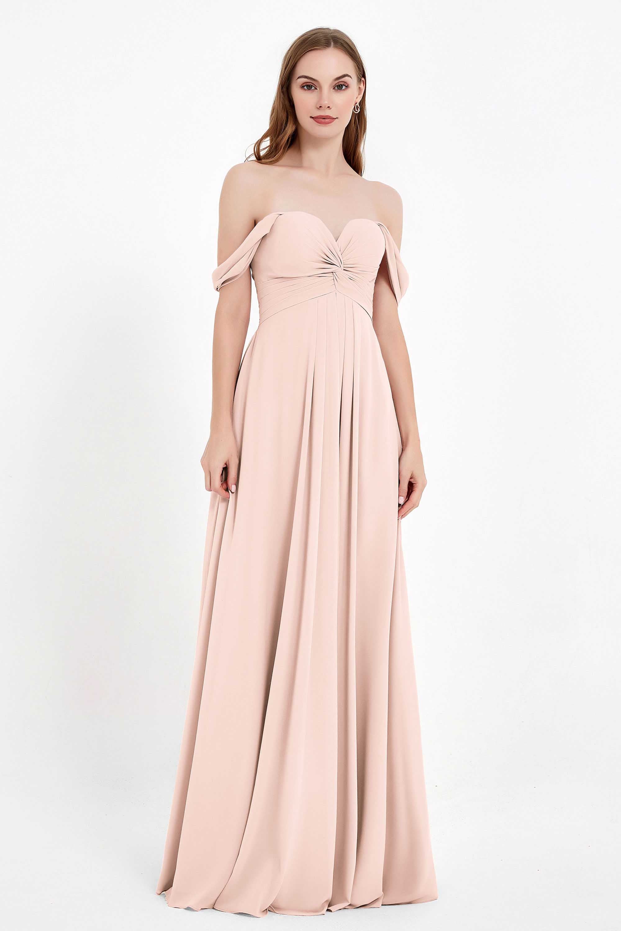 Off the Shoulder Chiffon Empire Bridesmaid Dress Pleated Ruched Long Formal Evening Gowns