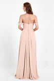 Off the Shoulder Chiffon Empire Bridesmaid Dress Pleated Ruched Long Formal Evening Gowns