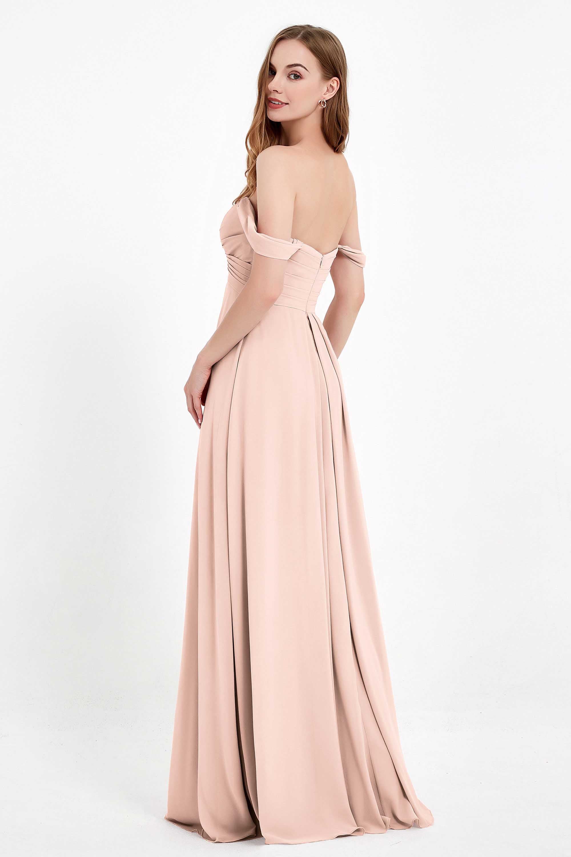 Off the Shoulder Chiffon Empire Bridesmaid Dress Pleated Ruched Long Formal Evening Gowns