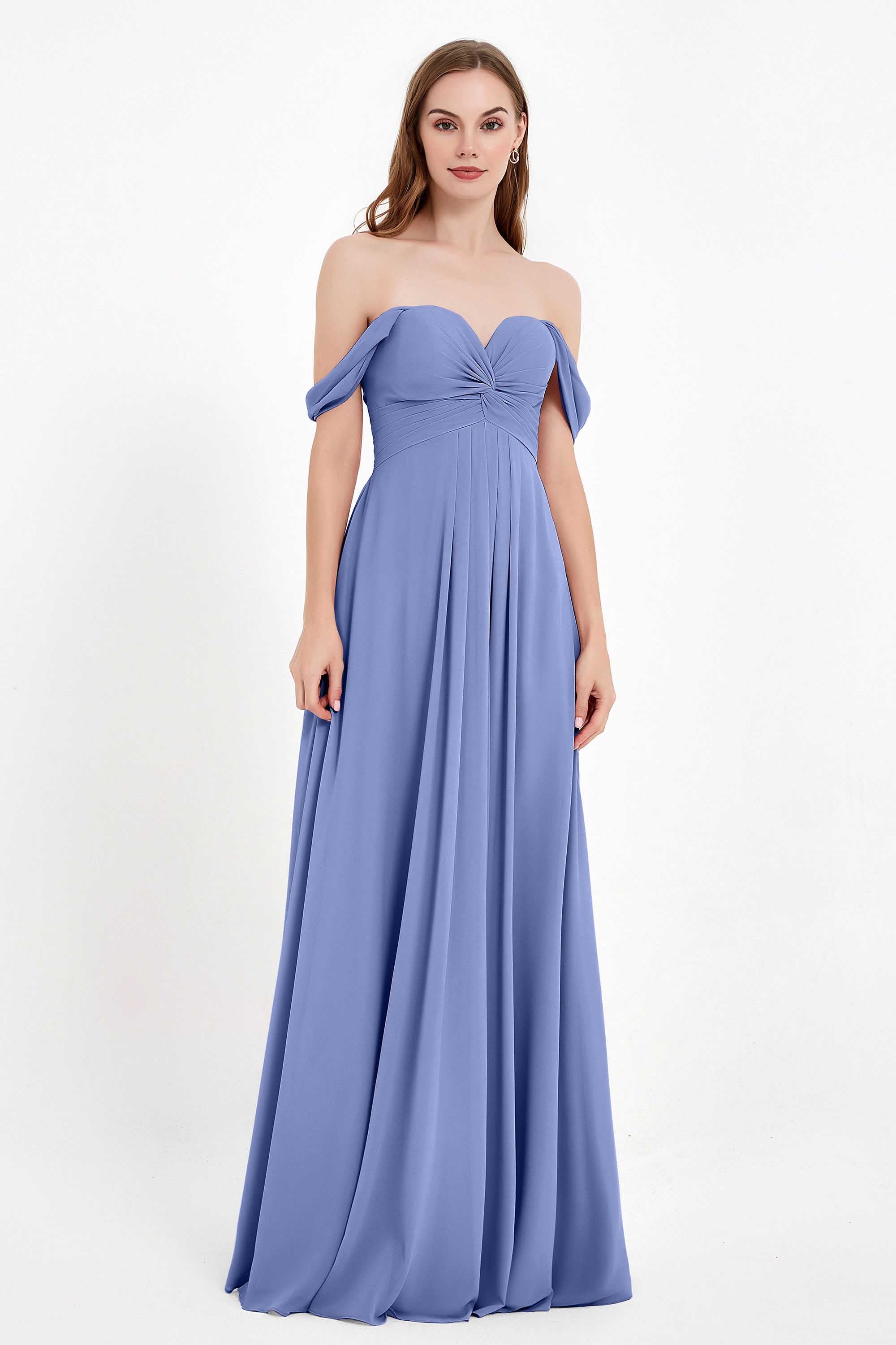 Off the Shoulder Chiffon Empire Bridesmaid Dress Pleated Ruched Long Formal Evening Gowns