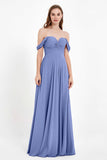 Off the Shoulder Chiffon Empire Bridesmaid Dress Pleated Ruched Long Formal Evening Gowns
