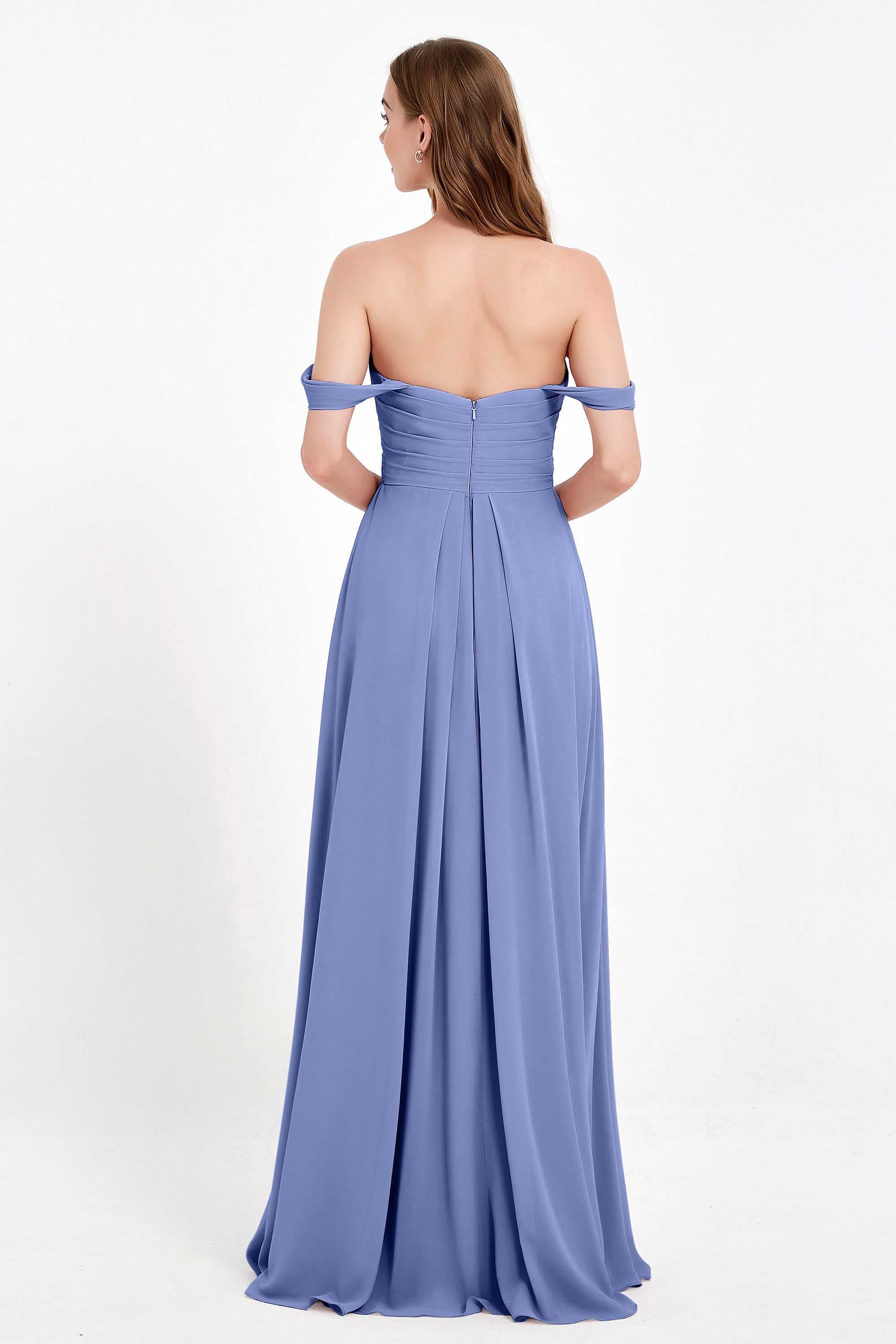 Off the Shoulder Chiffon Empire Bridesmaid Dress Pleated Ruched Long Formal Evening Gowns