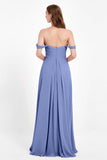 Off the Shoulder Chiffon Empire Bridesmaid Dress Pleated Ruched Long Formal Evening Gowns