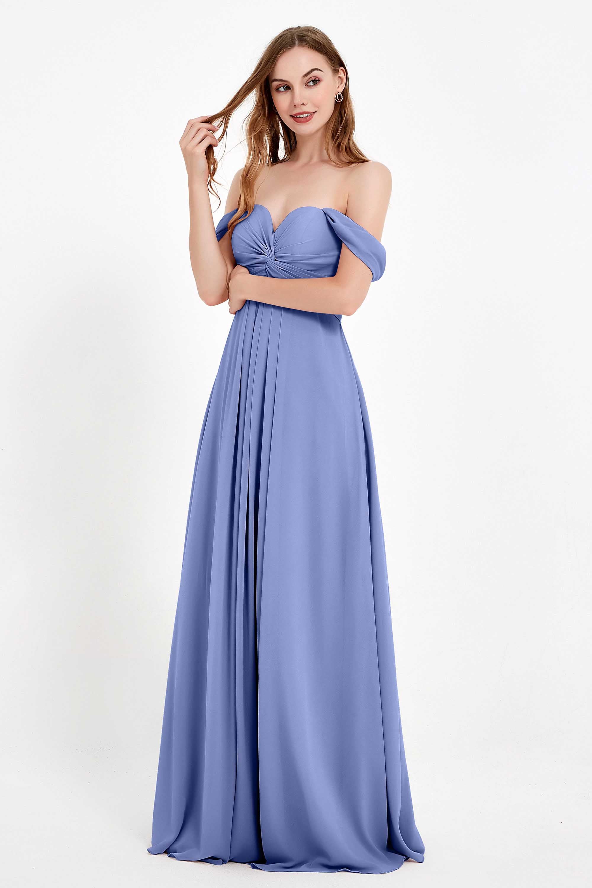 Off the Shoulder Chiffon Empire Bridesmaid Dress Pleated Ruched Long Formal Evening Gowns