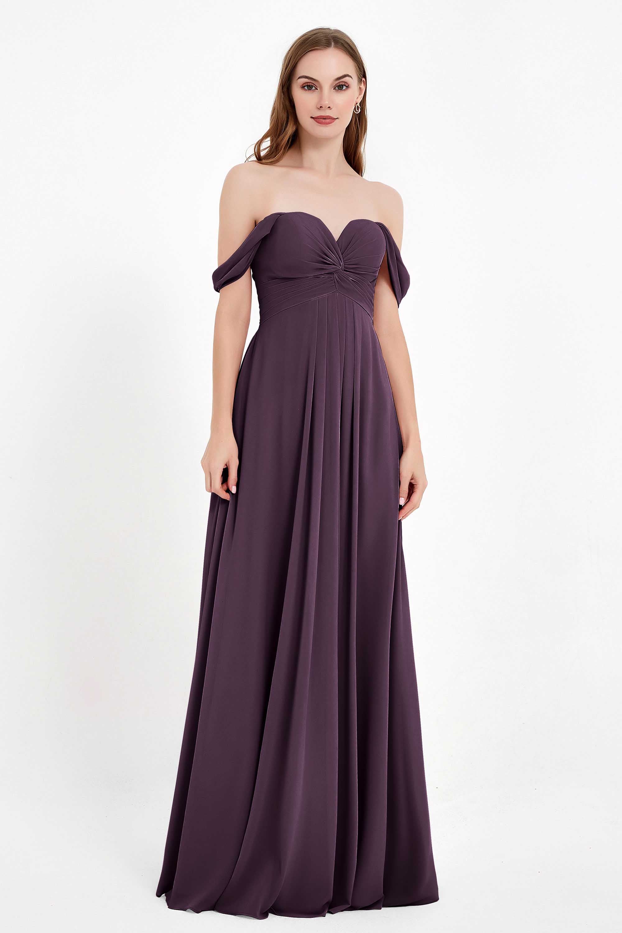 Off the Shoulder Chiffon Empire Bridesmaid Dress Pleated Ruched Long Formal Evening Gowns