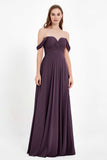 Off the Shoulder Chiffon Empire Bridesmaid Dress Pleated Ruched Long Formal Evening Gowns