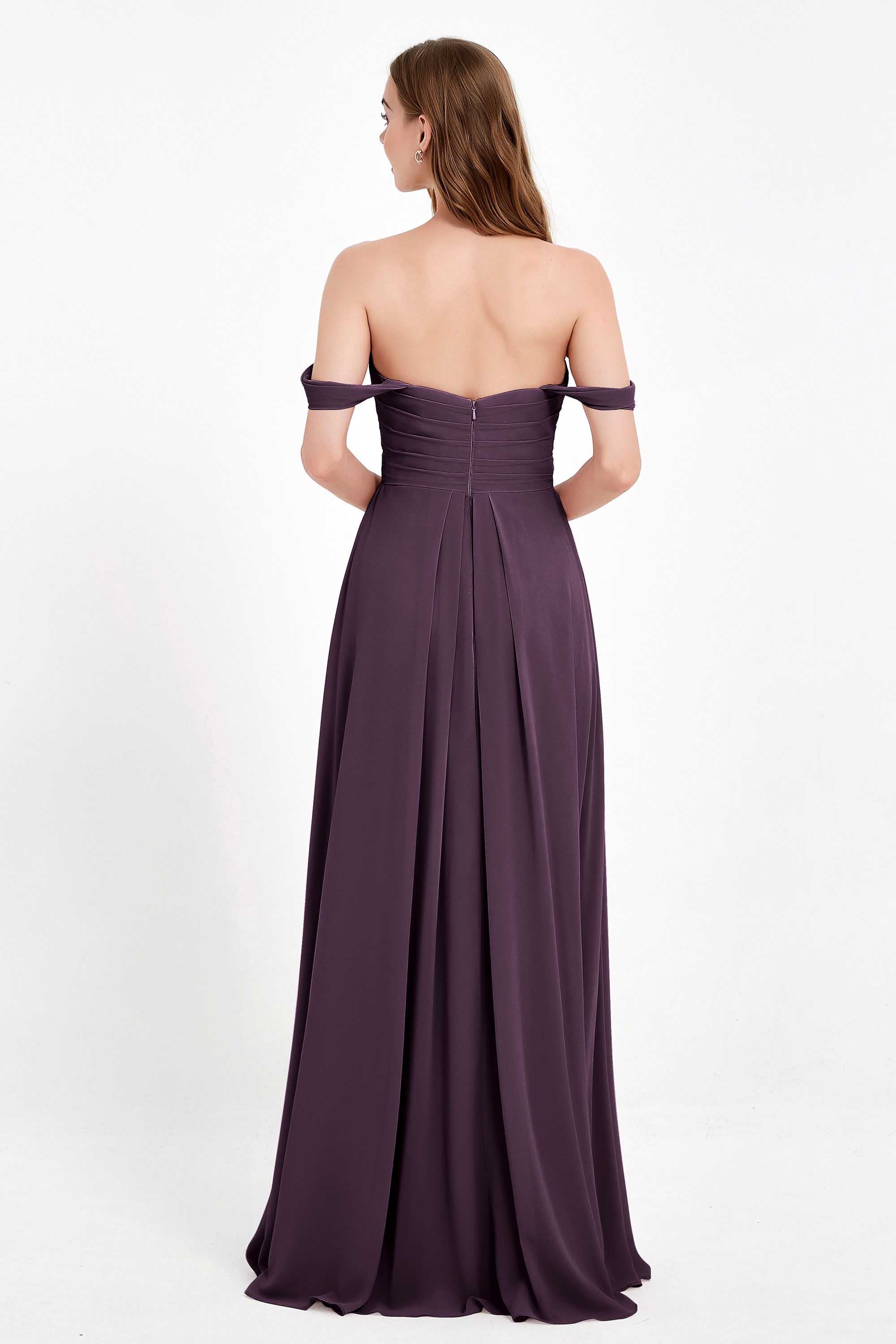 Off the Shoulder Chiffon Empire Bridesmaid Dress Pleated Ruched Long Formal Evening Gowns